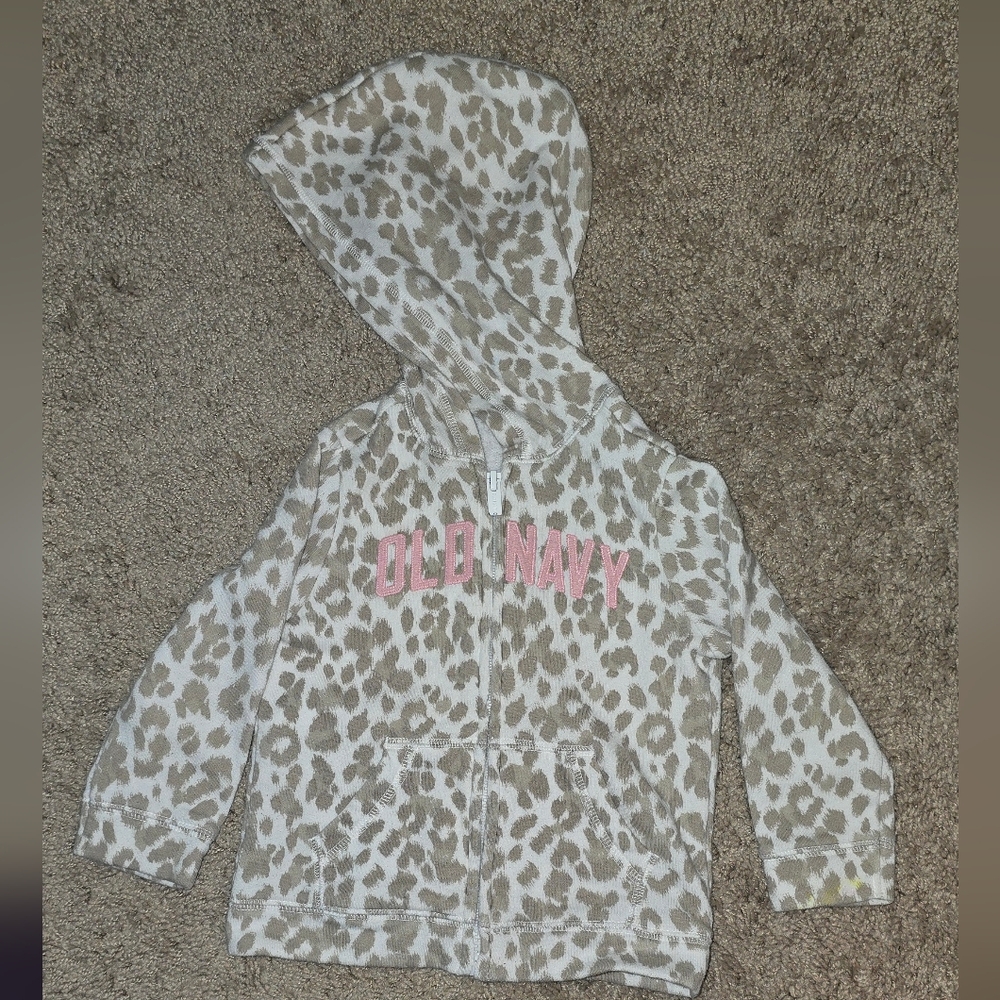 Old Navy Cream and Brown Leopard Print Hooded Zip Sweatshirt